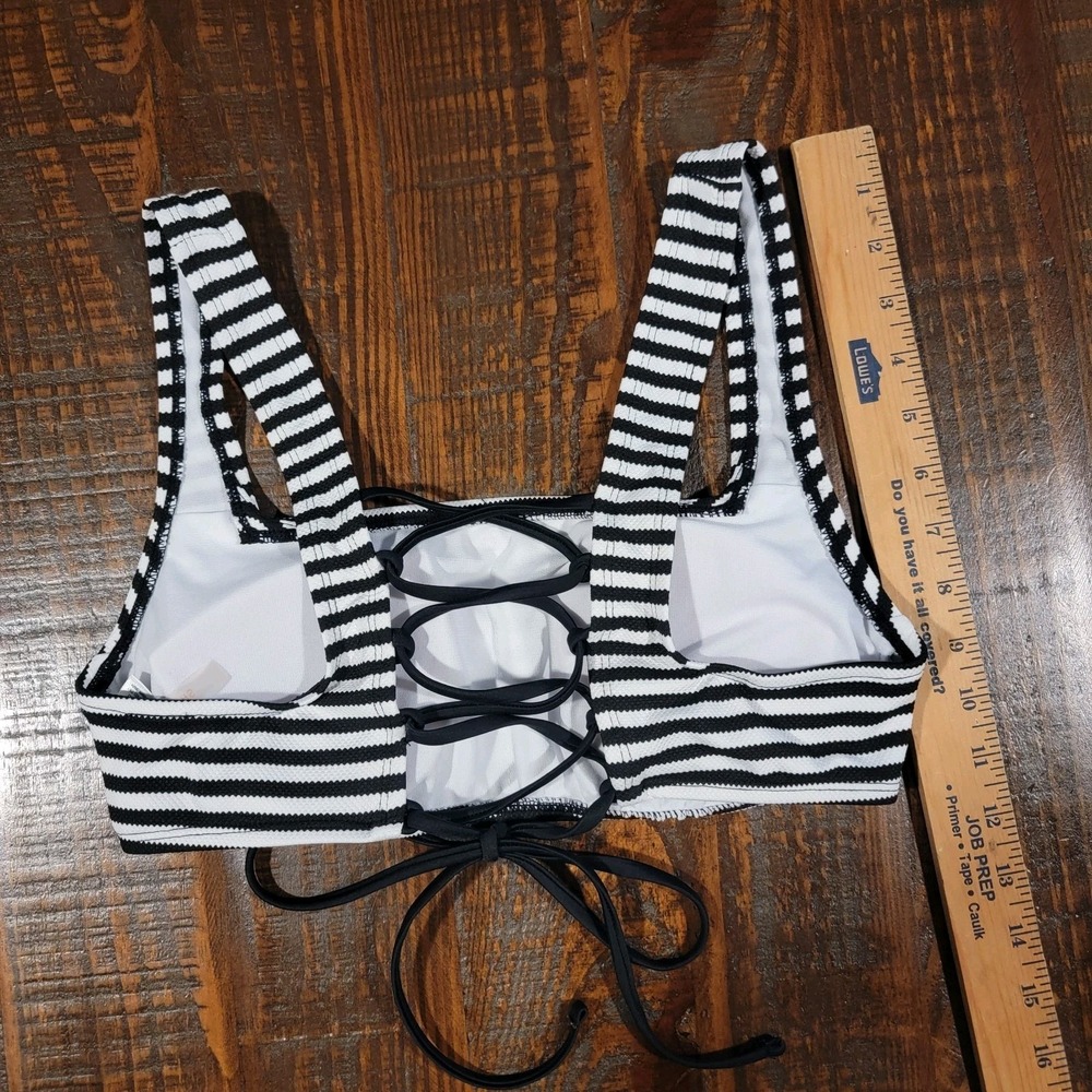 Black/White Striped Bikini Swim Top Squareneck Adjustable Womens Medium Textured - Picture 2 of 4